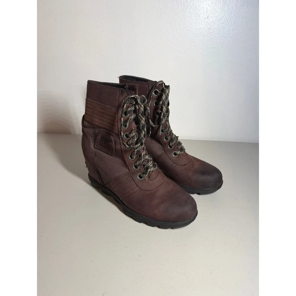 Sorel Joan of Arctic Wedge II Brown Genuine Leather Boots Womens 7.5